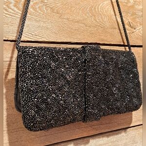 Vintage Valerie Stevens Black Beaded Evening Clutch W/ Strap